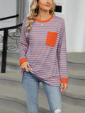 Contrast Color Stripe Chest Pocket Long Sleeve Shirt for Women