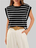 Leisure Round Neck Sleeveless Stripe Shirt for Women