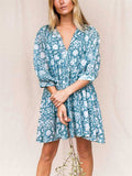 Front Lace Up French Print Lantern Sleeve Mini Dress for Lady