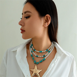 Multilayered Imitation Pearl Stone Spiral Starfish Pendant Necklaces