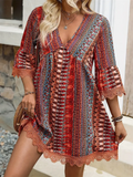 Bohemian Print V Neck Lace Hem Mini Dress for Women