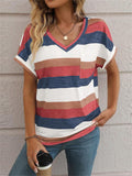 Contrast Color Stripes Short Sleeve Fitted V Neck Shirt for Women