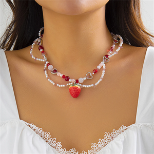 Female Lovely Faux Pearl Heart Strawberry Pendant Necklace