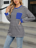 Contrast Color Stripe Chest Pocket Long Sleeve Shirt for Women