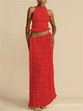 Female Pleated Halterneck Lace-Up Tank Top Maxi Skirt Set