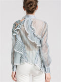 Women's Sexy See-Through Striped Patchwork Blouse