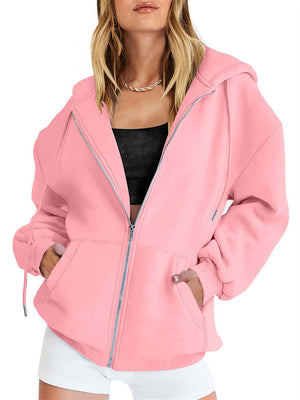 Ladies Pure Color Zip Up Streetwear Flowy Hoodies