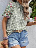 Ladies Floral Embroidered Leaf Print Puff Sleeve T-shirts