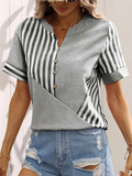 Leisure V Neck Stripe Patchwork Design Short Sleeve Shirt for Women