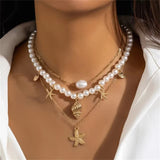 3Pcs/Set Cute Starfish Conch Pandent Imitation Pearl Necklaces