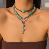 3pcs/Set Turquoise Beads Ox-head & Cactus Pendant Necklaces