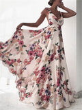 Ladies Summer V Neck Backless Floral Print Swing Dress