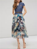 Women's Elegant Ink Flower Denim Chiffon Splicing Dress with Belt