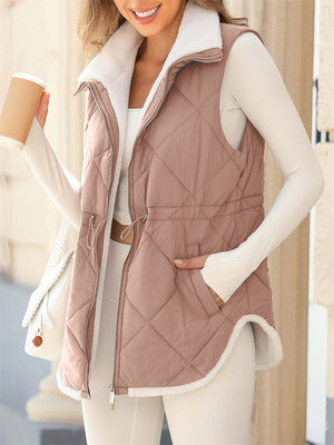 Female Irregular Hem Diamond Check Zippered Padded Coat Vest