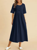 Women's Cozy Cotton Linen Crew Neck Half Sleeve Pleated Dress