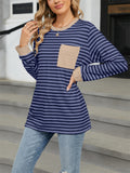 Contrast Color Stripe Chest Pocket Long Sleeve Shirt for Women