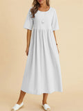 Women's Cozy Cotton Linen Crew Neck Half Sleeve Pleated Dress