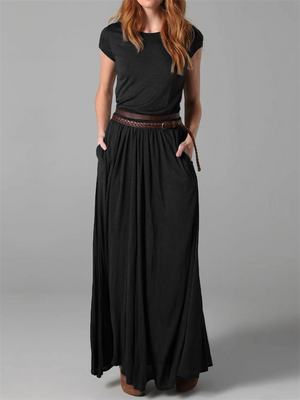 Women's Plain Round Neck Maxi Dress with Pockets