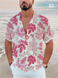 Summer Short Sleeve Lapel Leaf Print Men's Vacation Shirts