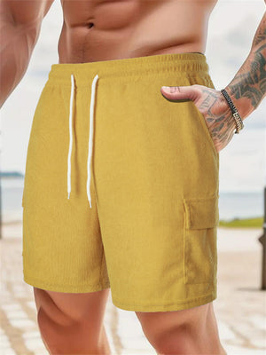 Male Solid Color Multi-Pocket Drawstring Corduroy Shorts