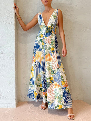 Women's Sunny Sexy Deep V Neck Backless Special Print Long Dress