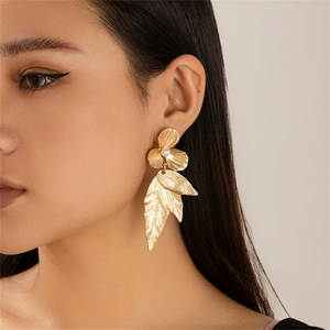 Female Three Leaves Faux Pearl Flowers Earrings