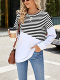 Stripe & Solid Color Round Neck Loose Sweatshirt for Female