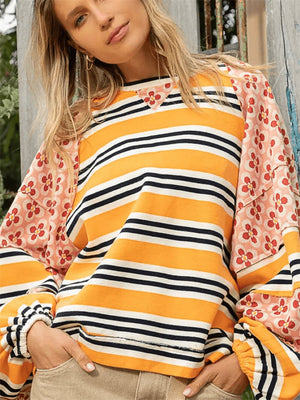 Women's Floral Striped Color Blocking Crew-neck Sweatshirt