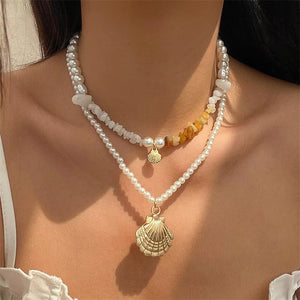 2Pcs/Set Golden Shell Pendant Pearl Stone Necklaces for Women