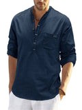 Men's Holiday Patch Pocket Long Sleeve Henry Cotton Linen Shirt