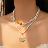 2Pcs/Set Golden Shell Pendant Pearl Stone Necklaces for Women