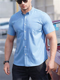 Men's Single-Breasted Short Sleeve Lapel Solid Color Shirt