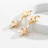 Baroque Style Irregular Pearl Ginkgo Leaf Earrings for Lady