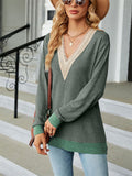 Contrast Color Lace Trim Long Sleeve T-shirt for Ladies