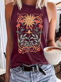 Female Blooming Flowers Sleeping Sun Printed Round Neck Tank Top