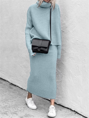 Women's Elegant Ribbed Turtleneck Sweater Skirt Knitted Sets