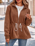 Female Stand Collar Waisted Drawstring Zipper Fuzzy Coat