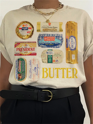 Female 90s Vintage Butter Pattern Cute Foodie T-Shirt