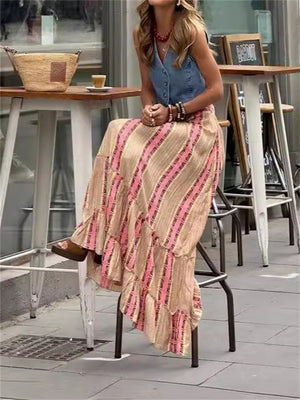 Leisure Vertical Stripe Tassel Drawstring Holiday Skirts for Women