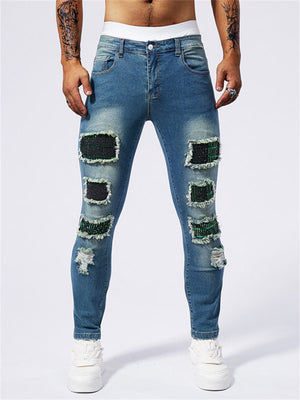 Men's Slim-fitting Stretchy Sparkling Ripped Patch Jeans