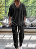 Solid Color V-Neck Shirt Drawstring Pocket Trousers Men's Relaxed Set