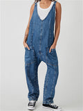 Female Wearable Solid Color Baggy Denim Jumpsuits