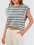 Leisure Round Neck Sleeveless Stripe Shirt for Women