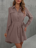 Ladies Button Lace-Up French Style A-line Blouse Dress