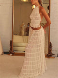 Female Pleated Halterneck Lace-Up Tank Top Maxi Skirt Set