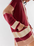 Lazy Contrast Color Stripe Button Up Loose Knitted Sweater for Women