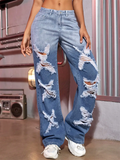 Ladies X Shaped Ripped Gradient Color Jeans