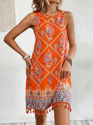 Ladies Print Tassels Hem Sleeveless Dresses for Vacation