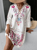 V-neck Bell Sleeve Lace Spliced Printed Dress for Women