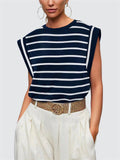 Leisure Round Neck Sleeveless Stripe Shirt for Women